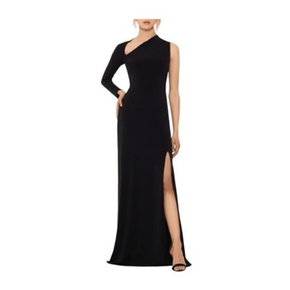 Betsy & Adam Asymmetric One Shoulder Evening Gown Black Crepe Maxi Dress 12